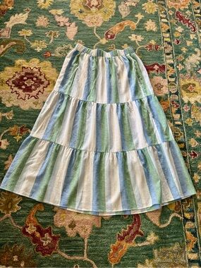 Loft Blue Tiered Linen Blend Green Sz L  Madras Maxi Colorblock Boho Coastal
